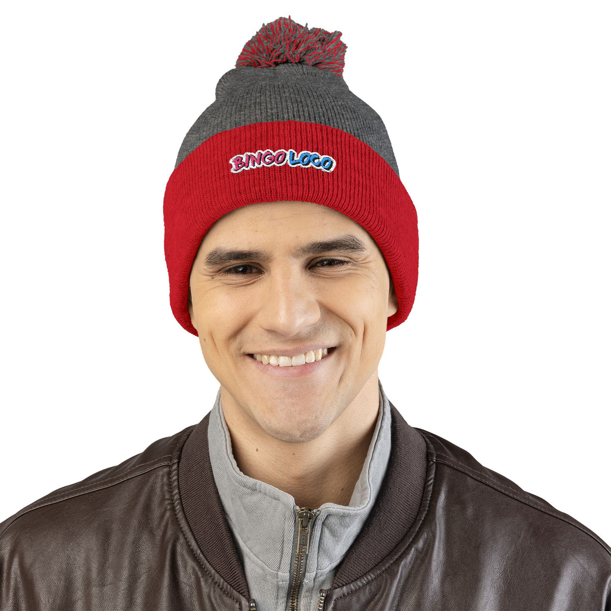 Embroidered Pom-Pom Knit Cap — Cozy Winter Beanie with Colorful 'Bingo Logo' Embroidery