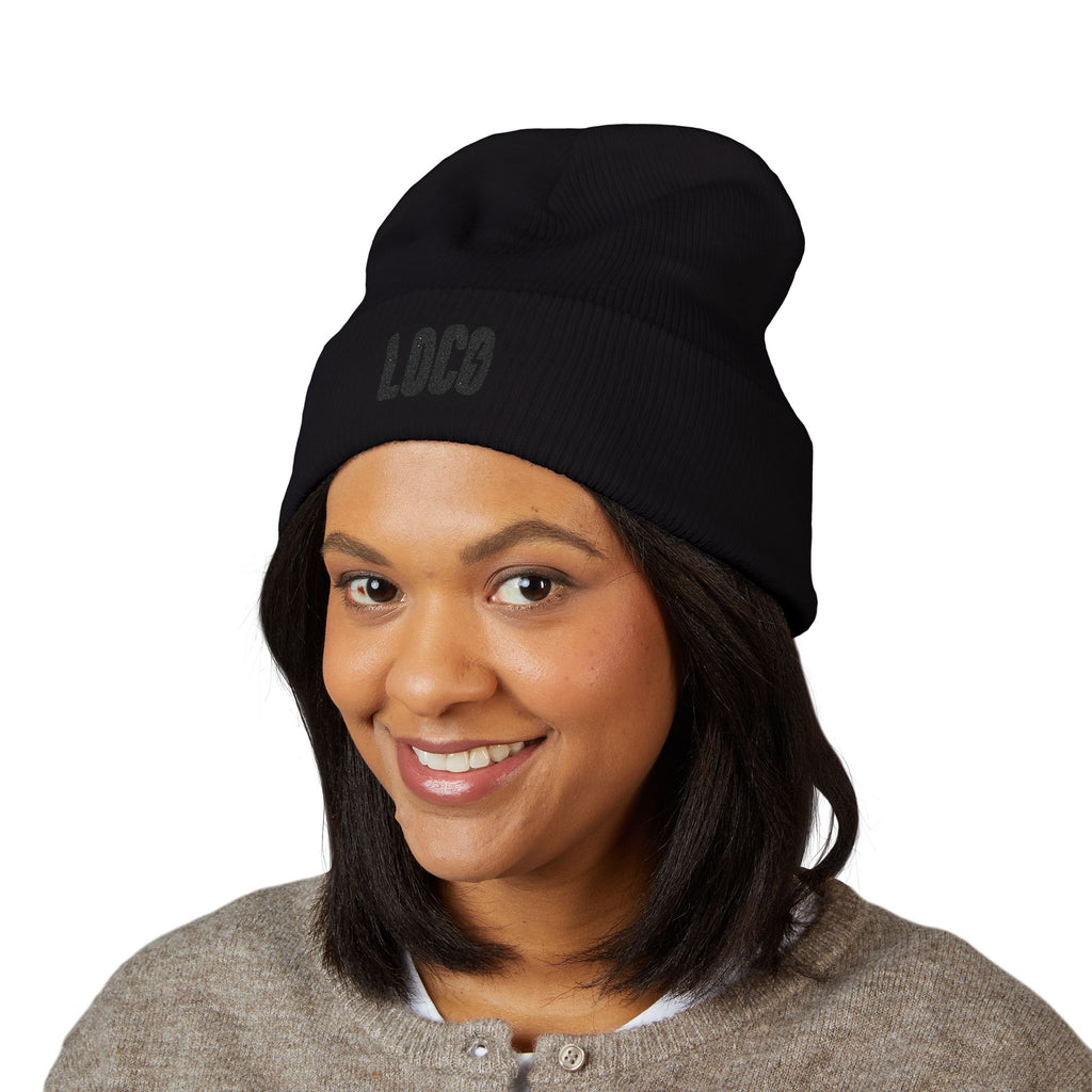 Embroidered 'LOCO' Cuffed Beanie — Classic Knit Winter Hat