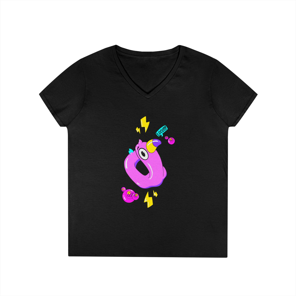 Ladies' V-Neck T-Shirt — Cute Pink Donut Character Graphic Tee