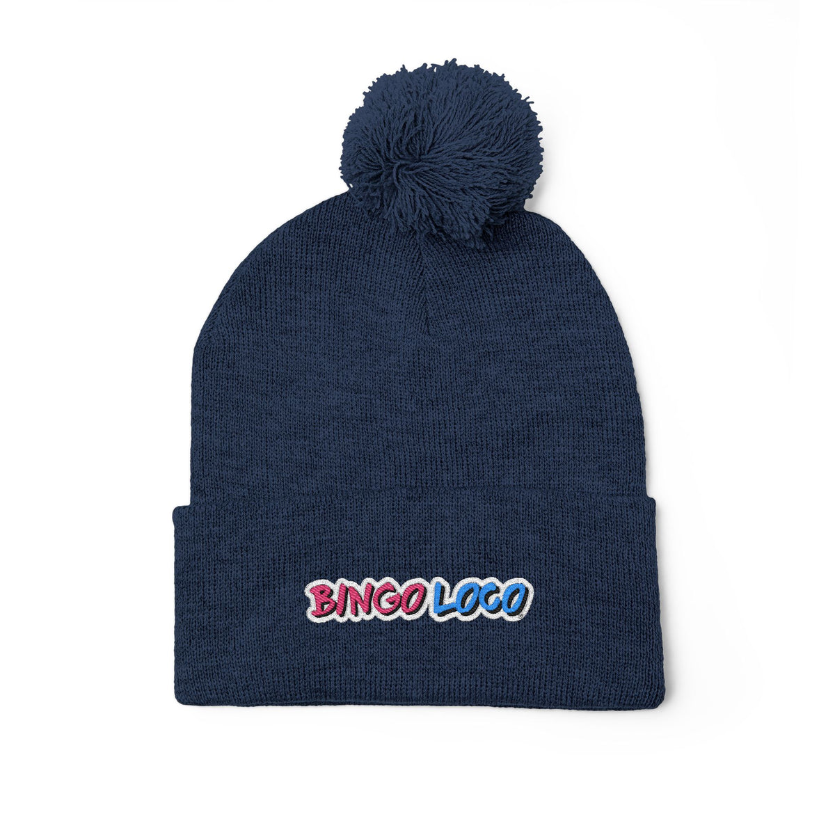 Embroidered Pom-Pom Knit Cap — Cozy Winter Beanie with Colorful 'Bingo Logo' Embroidery