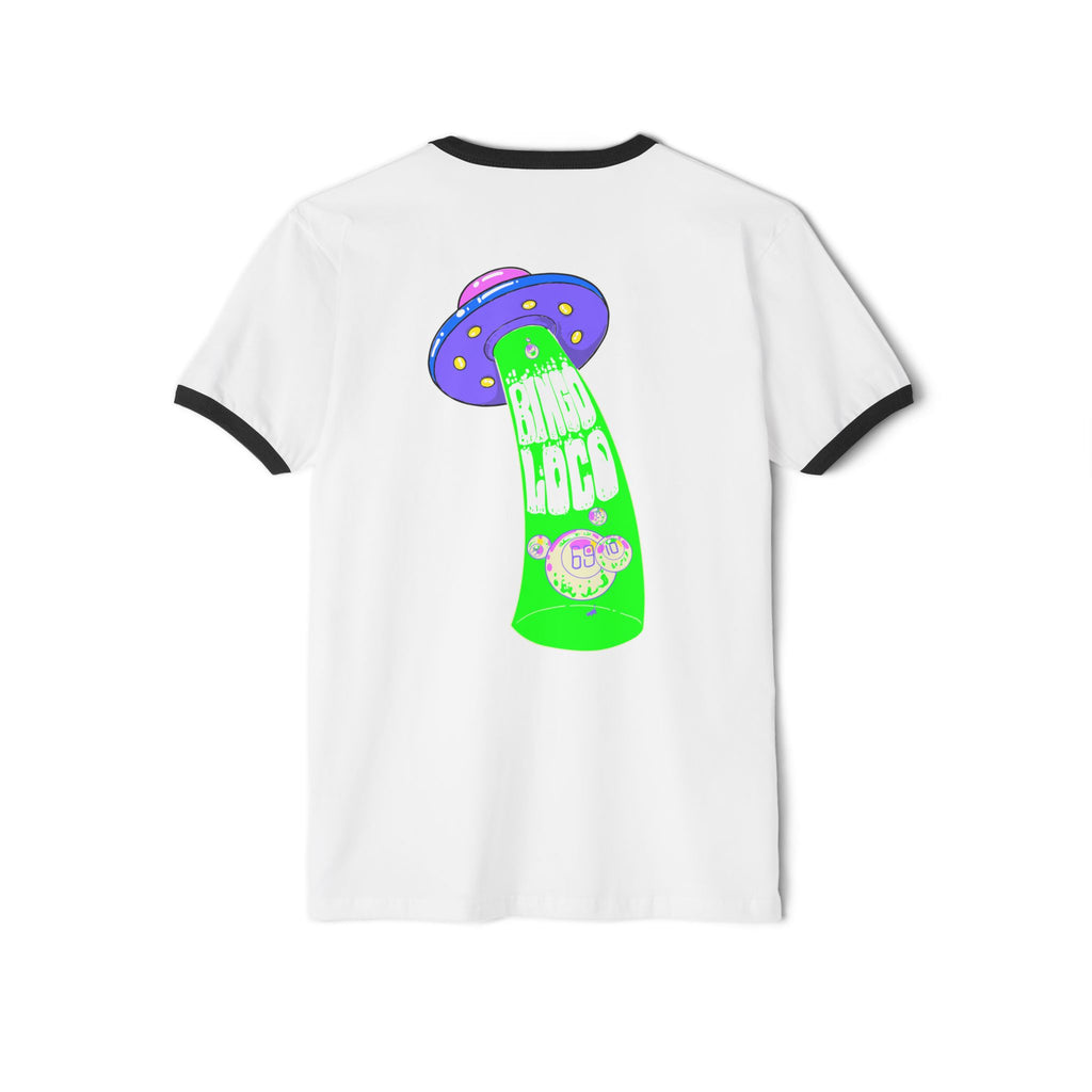 Alien Abduction Ringer Tee — Neon UFO "Stay Loco" Graphic Shirt