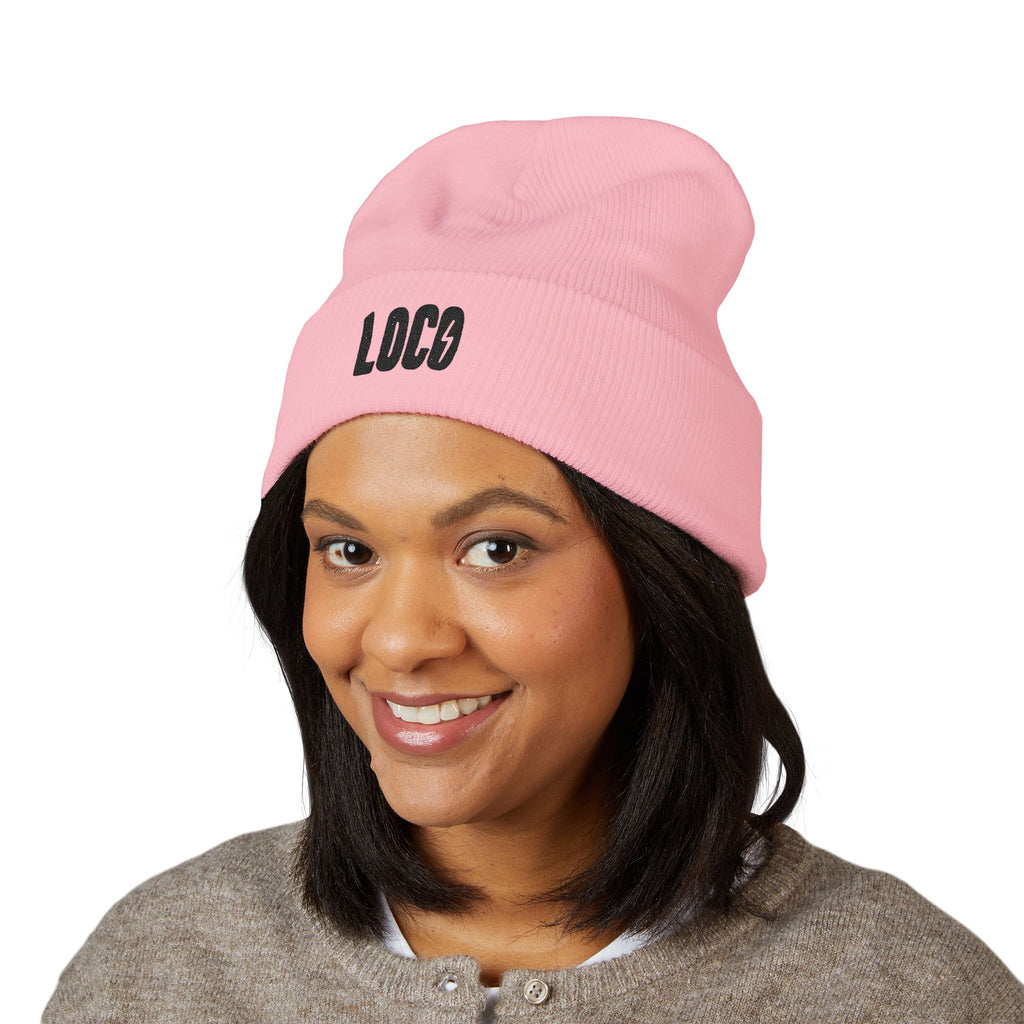 Embroidered 'LOCO' Cuffed Beanie — Classic Knit Winter Hat