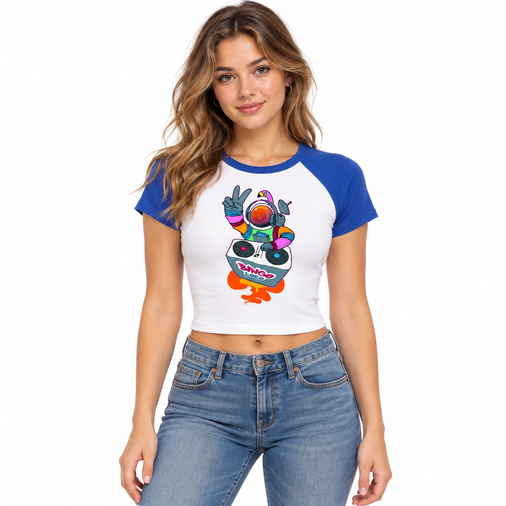 Astronaut DJ Raglan Tee — Colorful Space DJ Graphic Women's Baby Tee