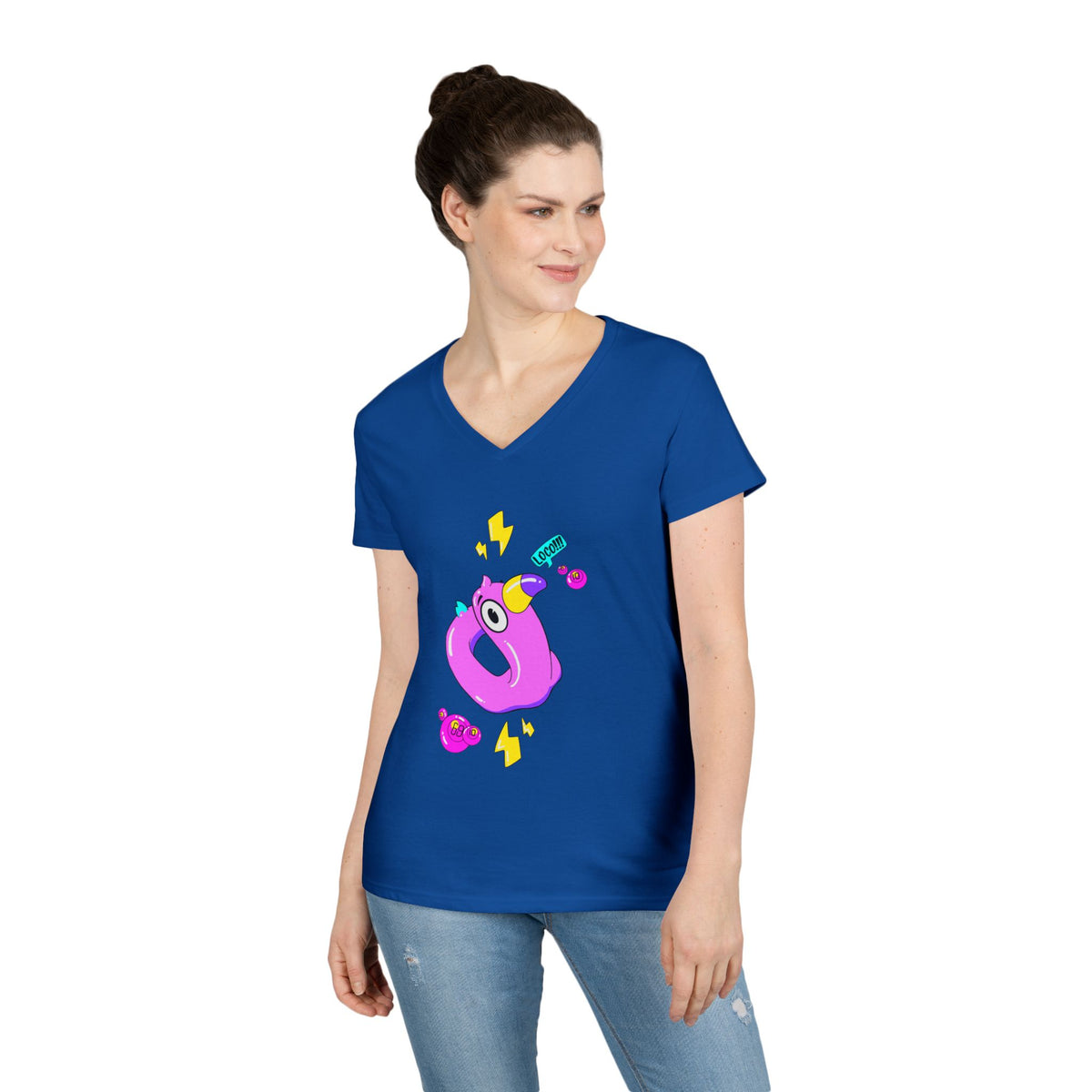 Ladies' V-Neck T-Shirt — Cute Pink Donut Character Graphic Tee
