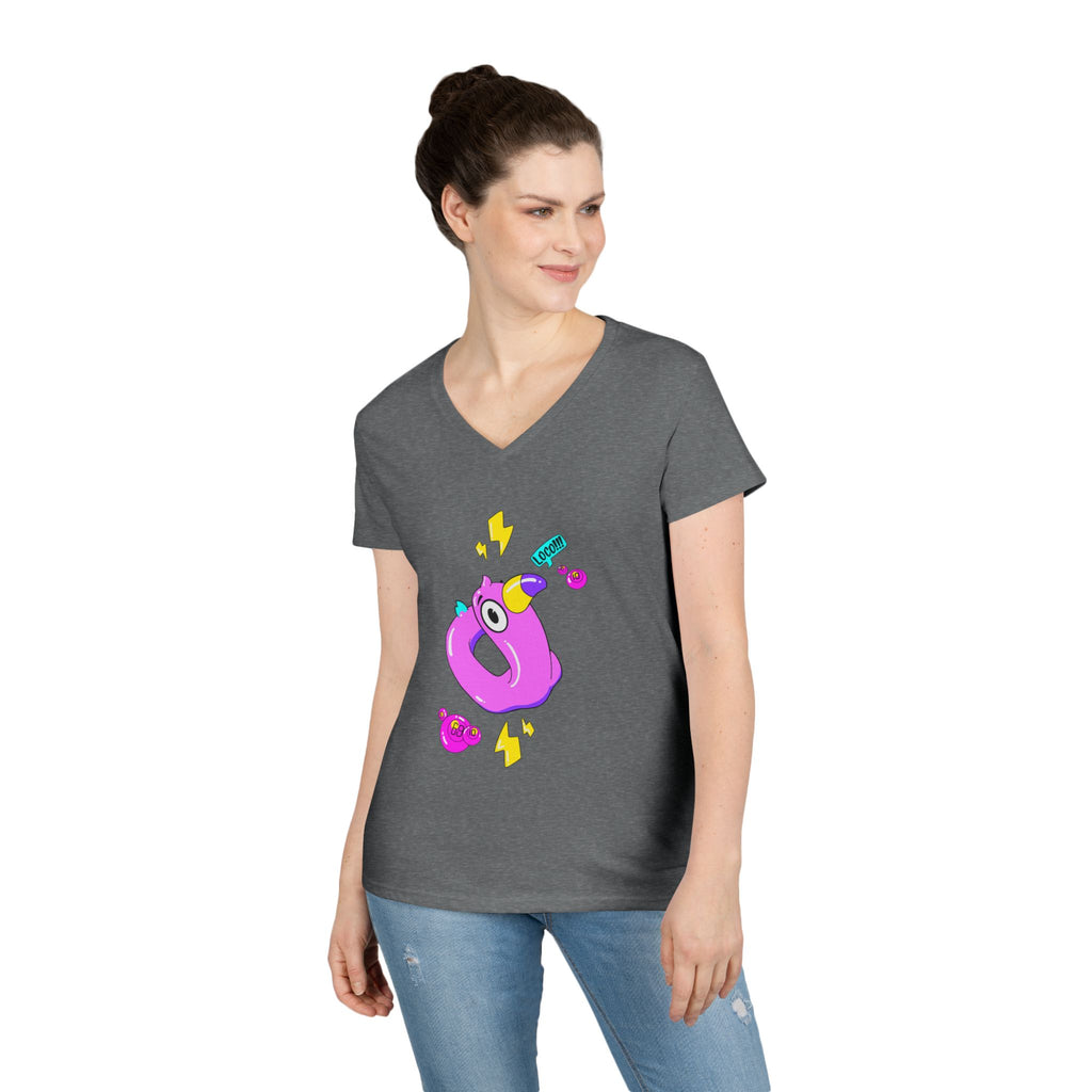 Ladies' V-Neck T-Shirt — Cute Pink Donut Character Graphic Tee