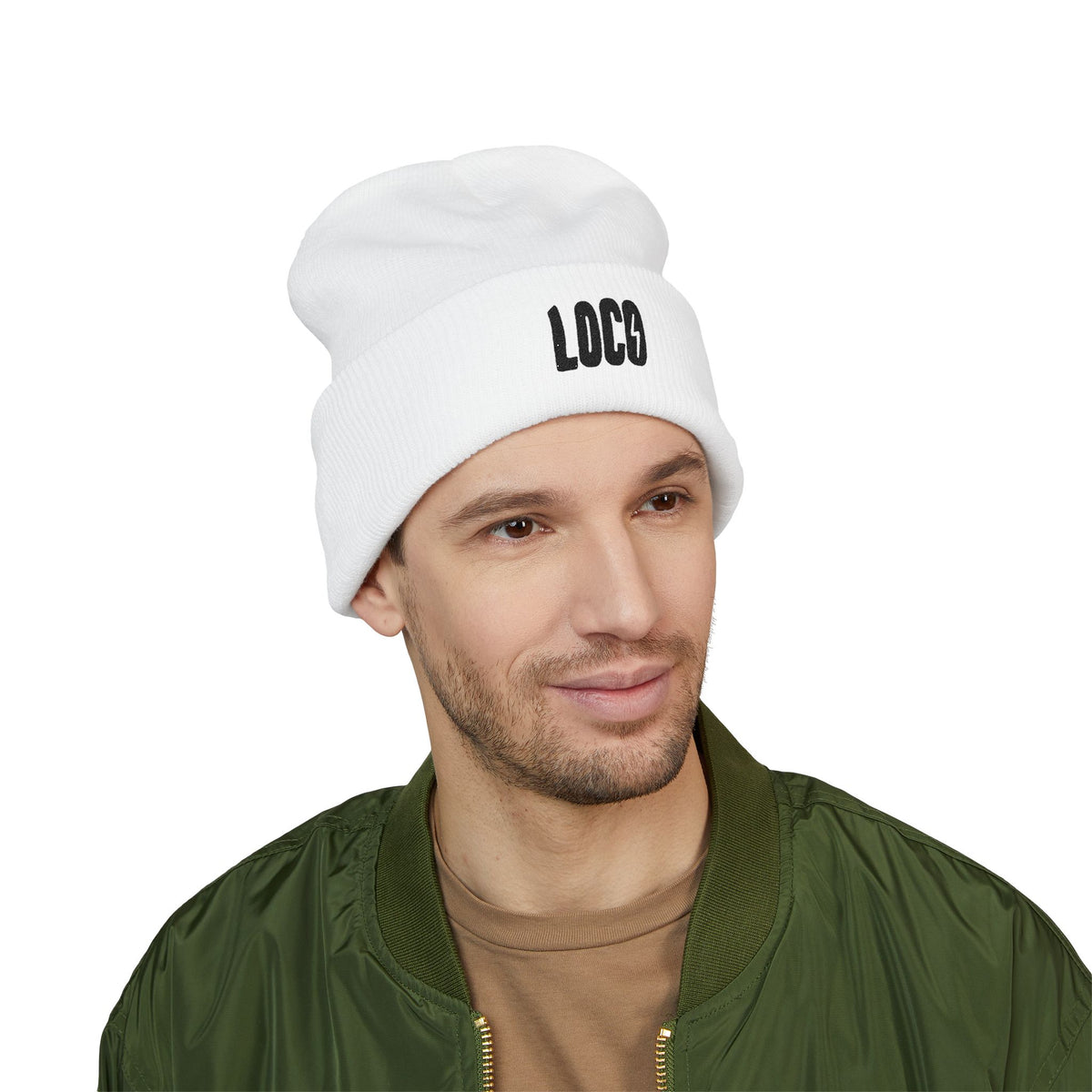 Embroidered 'LOCO' Cuffed Beanie — Classic Knit Winter Hat