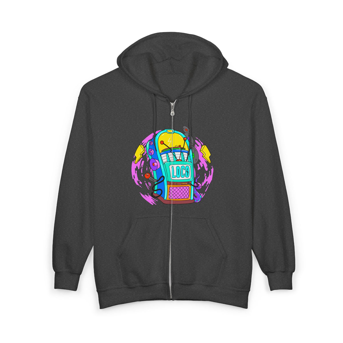 Retro Jukebox Zip Hoodie — Colorful Vintage Music Graphic