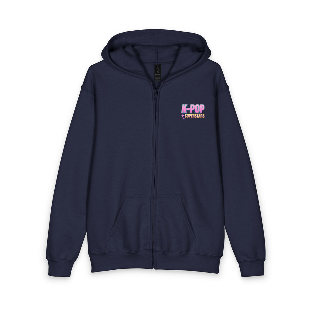 K-Pop Superstars Youth Zip Hoodie — Cute Pastel Emoji Back Design