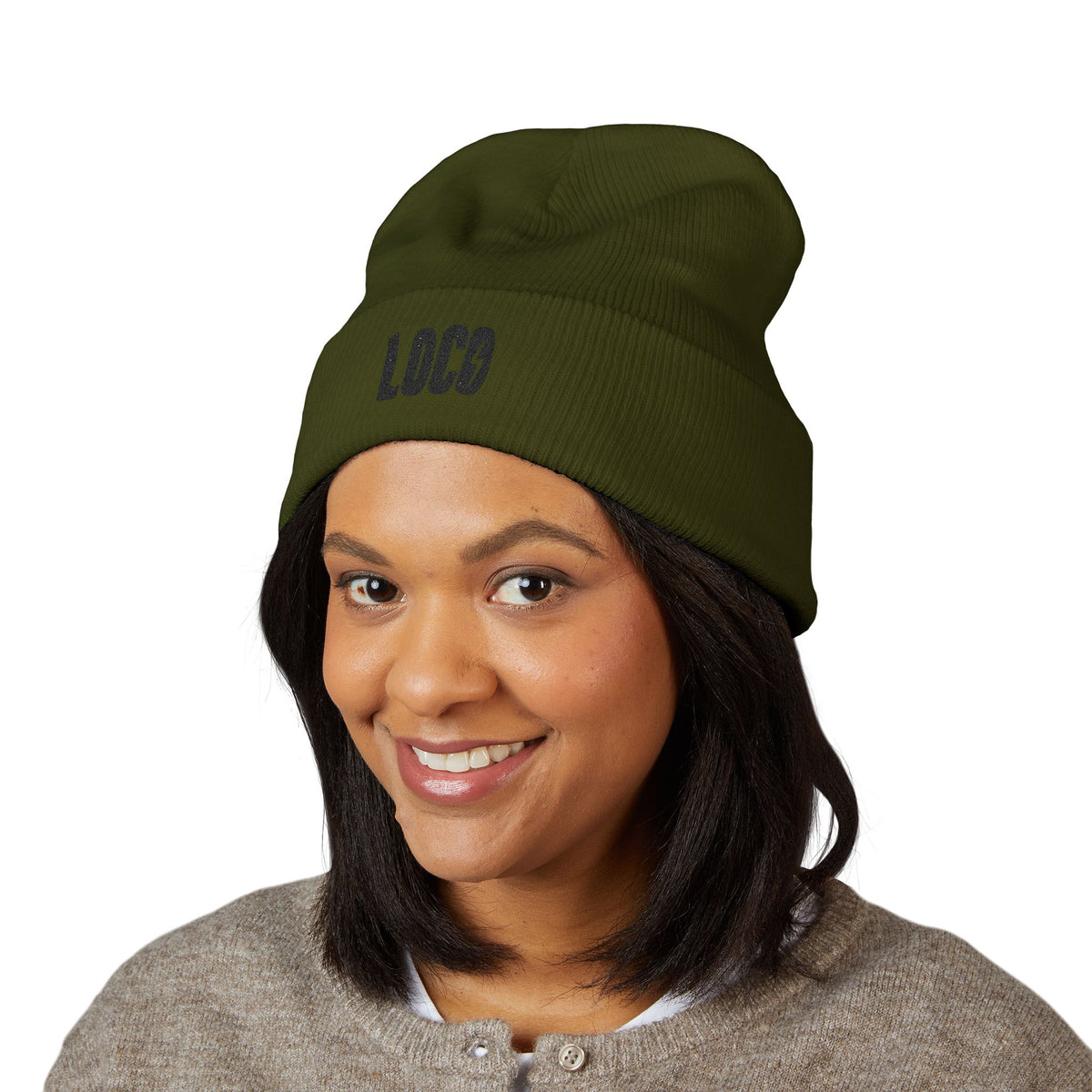 Embroidered 'LOCO' Cuffed Beanie — Classic Knit Winter Hat