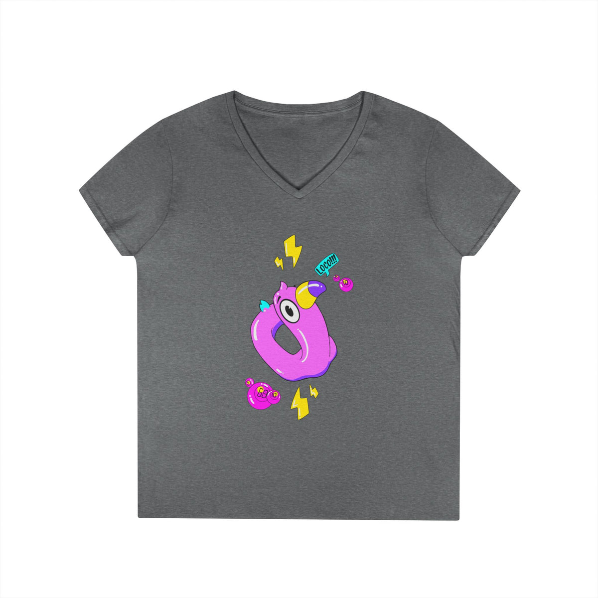 Ladies' V-Neck T-Shirt — Cute Pink Donut Character Graphic Tee