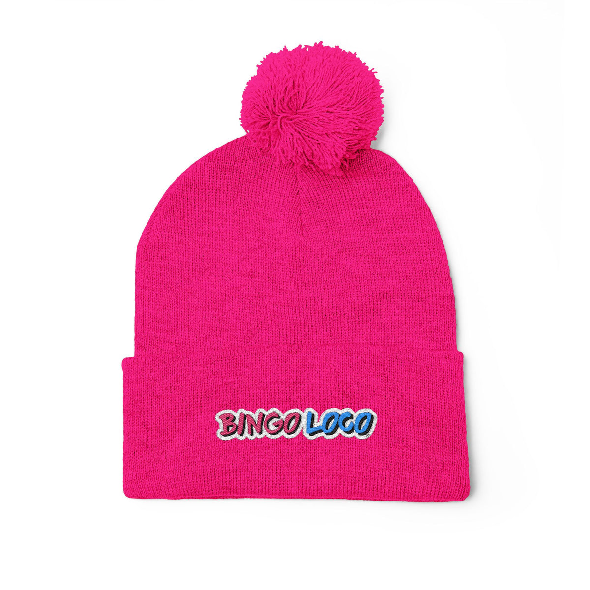 Embroidered Pom-Pom Knit Cap — Cozy Winter Beanie with Colorful 'Bingo Logo' Embroidery