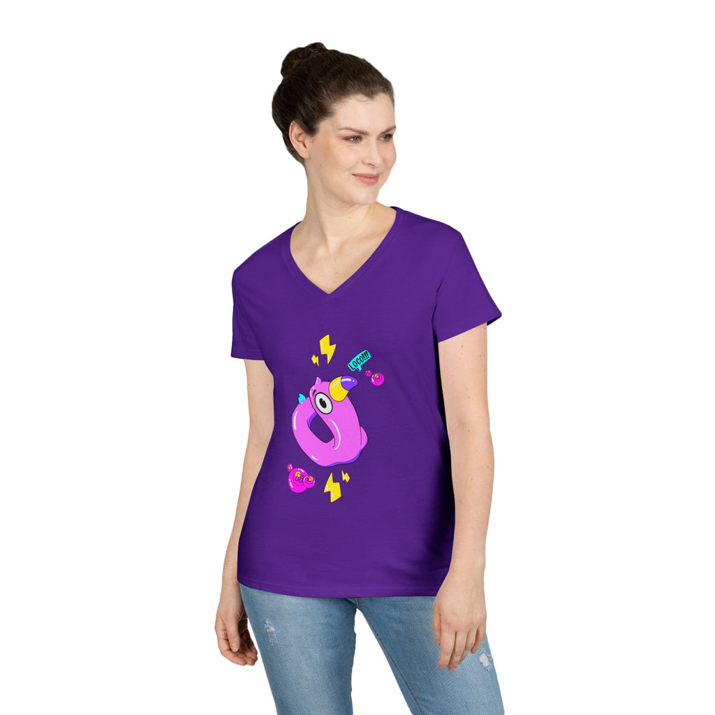 Ladies' V-Neck T-Shirt — Cute Pink Donut Character Graphic Tee