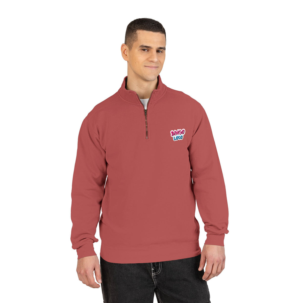 Quarter-Zip Sweatshirt — Retro 'Bingo Logo' Chest Graphic