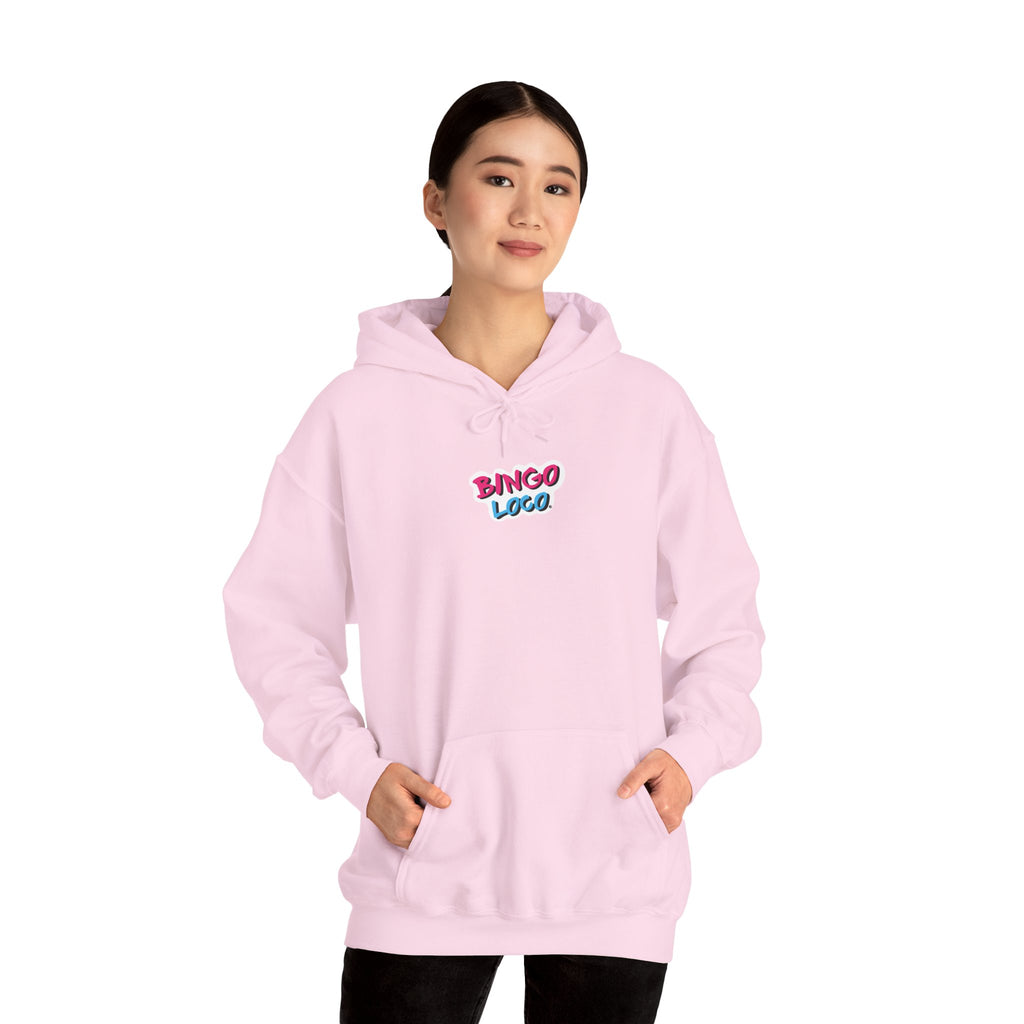 Bingo Logo Hoodie — Retro Pink & Blue Minimal Chest Graphic