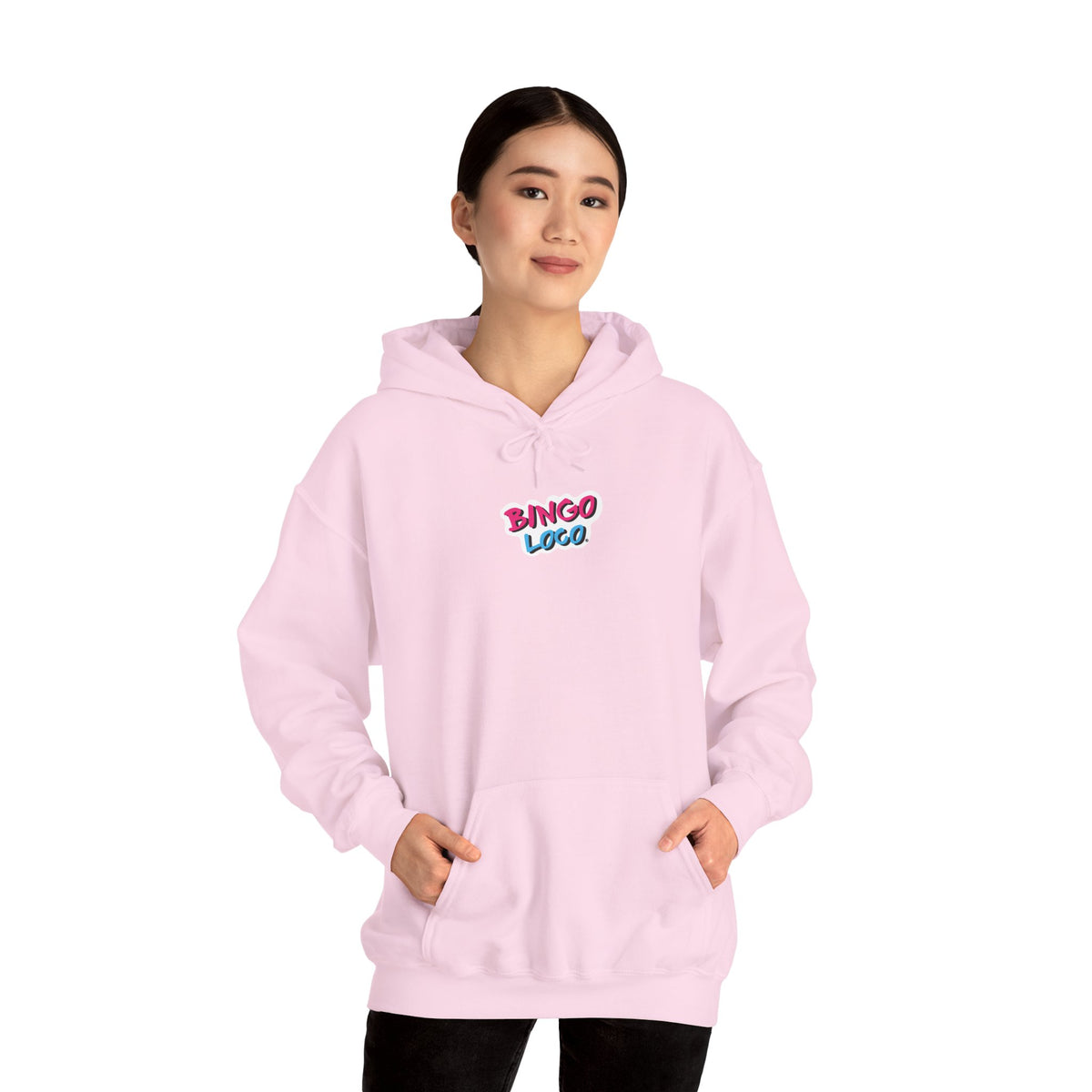Bingo Logo Hoodie — Retro Pink & Blue Minimal Chest Graphic