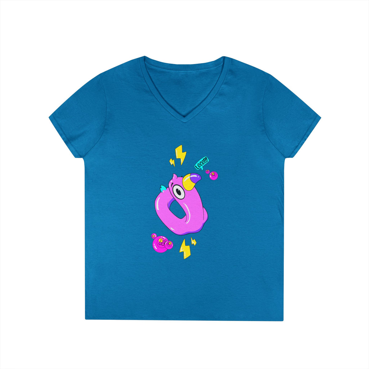 Ladies' V-Neck T-Shirt — Cute Pink Donut Character Graphic Tee