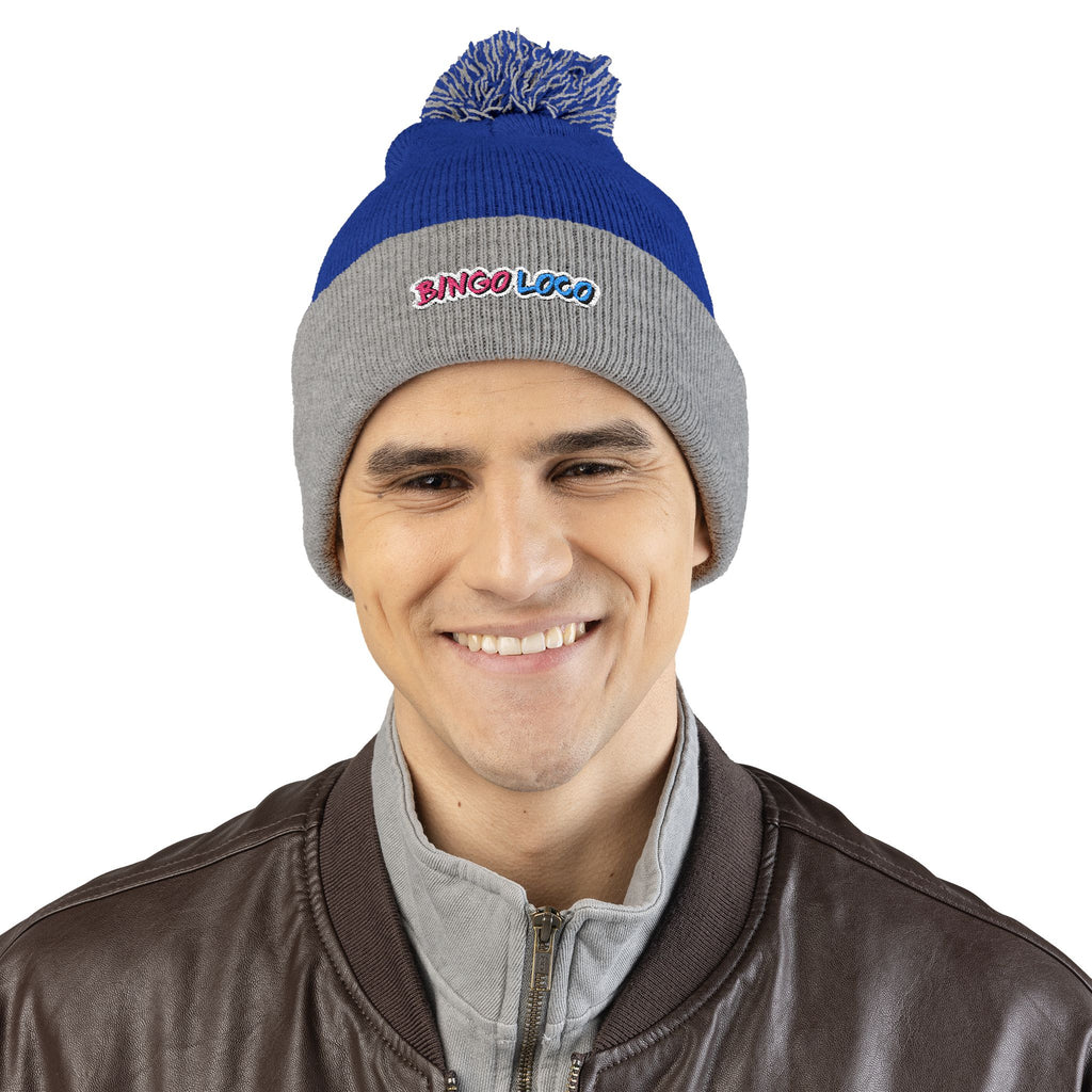 Embroidered Pom-Pom Knit Cap — Cozy Winter Beanie with Colorful 'Bingo Logo' Embroidery