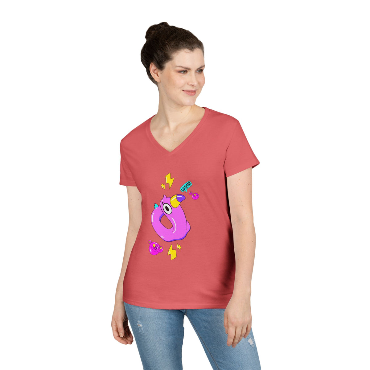 Ladies' V-Neck T-Shirt — Cute Pink Donut Character Graphic Tee