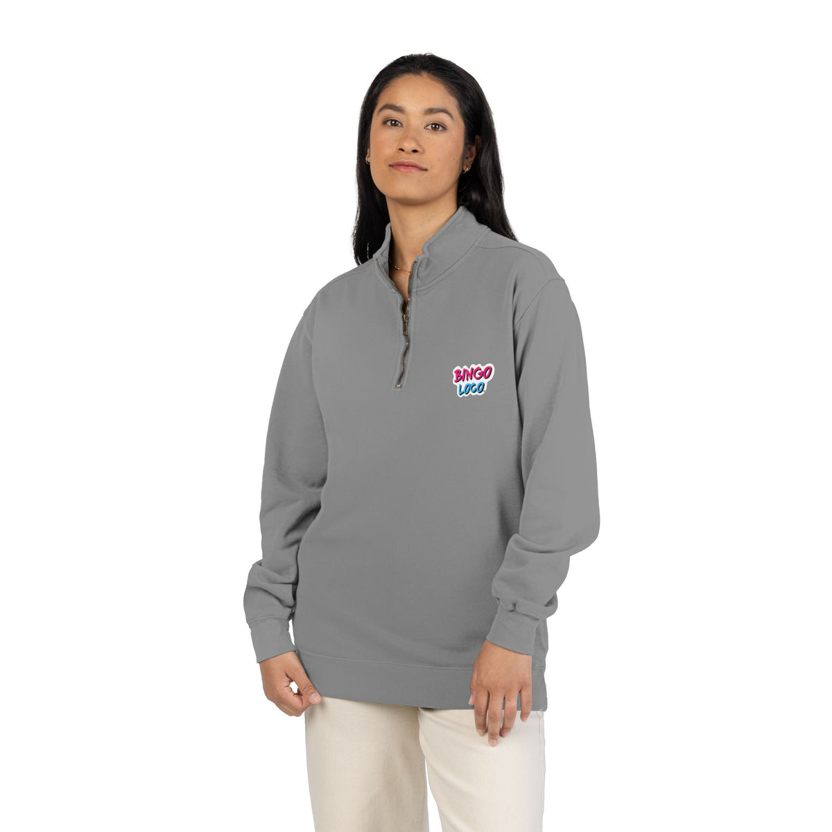 Quarter-Zip Sweatshirt — Retro 'Bingo Logo' Chest Graphic