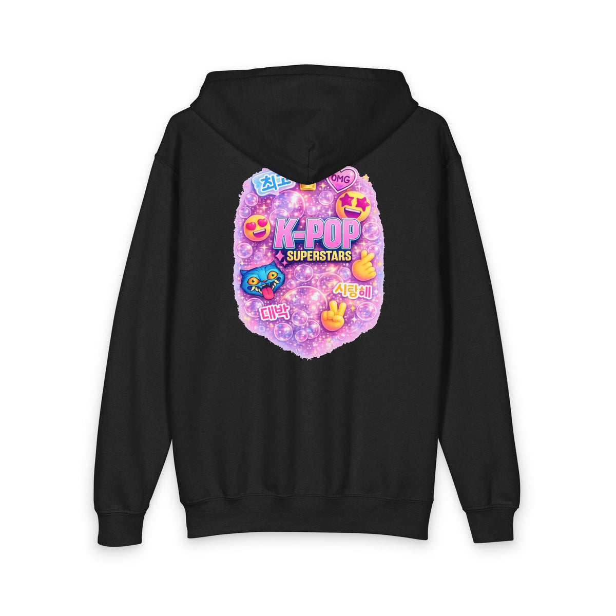 K-Pop Superstars Youth Zip Hoodie — Cute Pastel Emoji Back Design