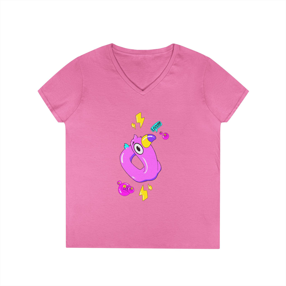 Ladies' V-Neck T-Shirt — Cute Pink Donut Character Graphic Tee