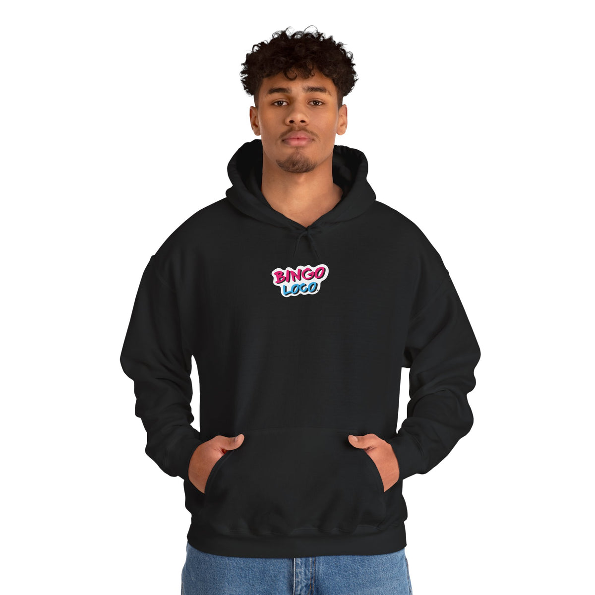 Bingo Logo Hoodie — Retro Pink & Blue Minimal Chest Graphic