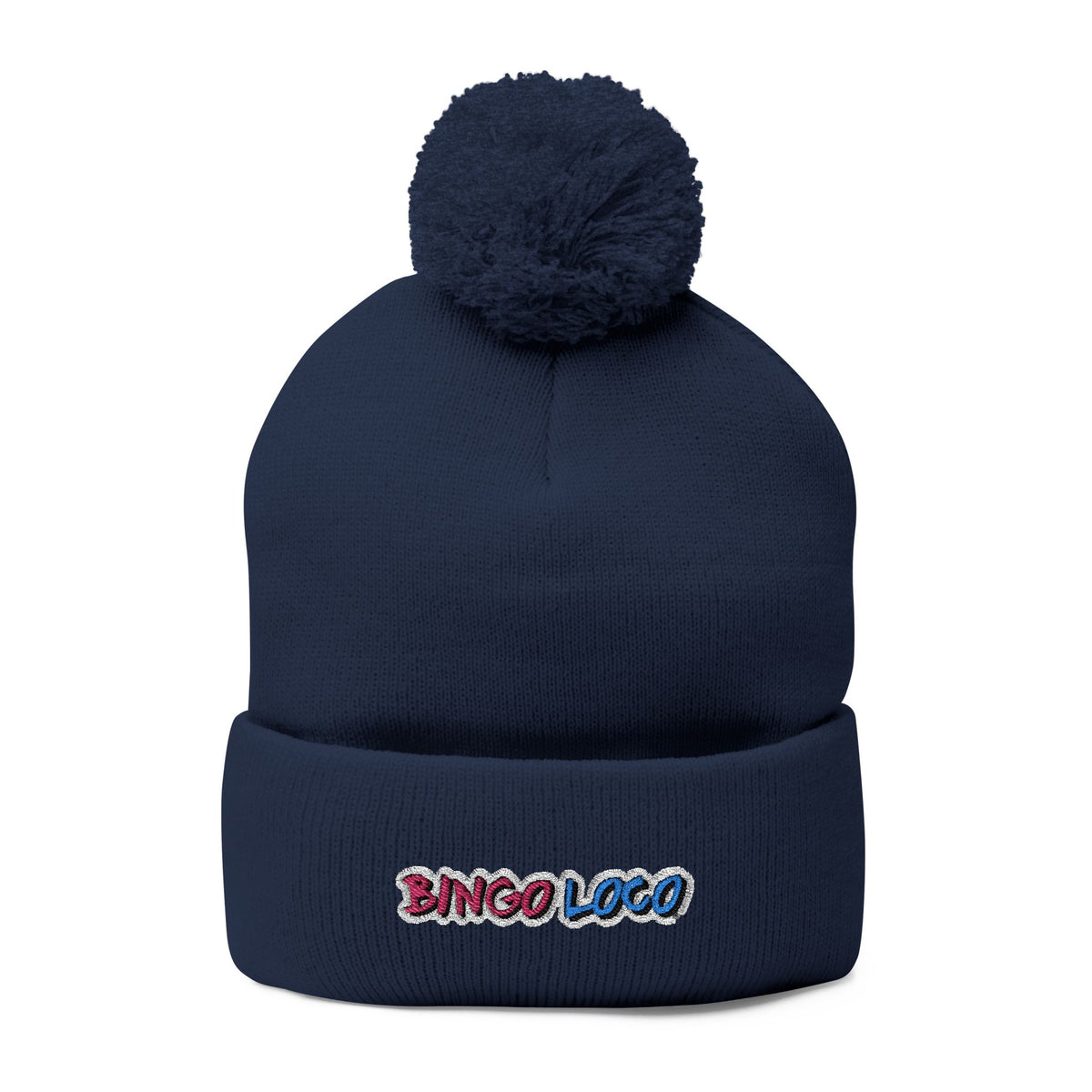 Embroidered Pom-Pom Knit Cap — Cozy Winter Beanie with Colorful 'Bingo Logo' Embroidery