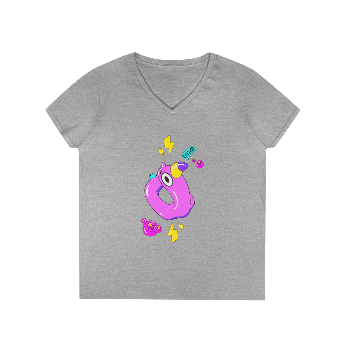 Ladies' V-Neck T-Shirt — Cute Pink Donut Character Graphic Tee