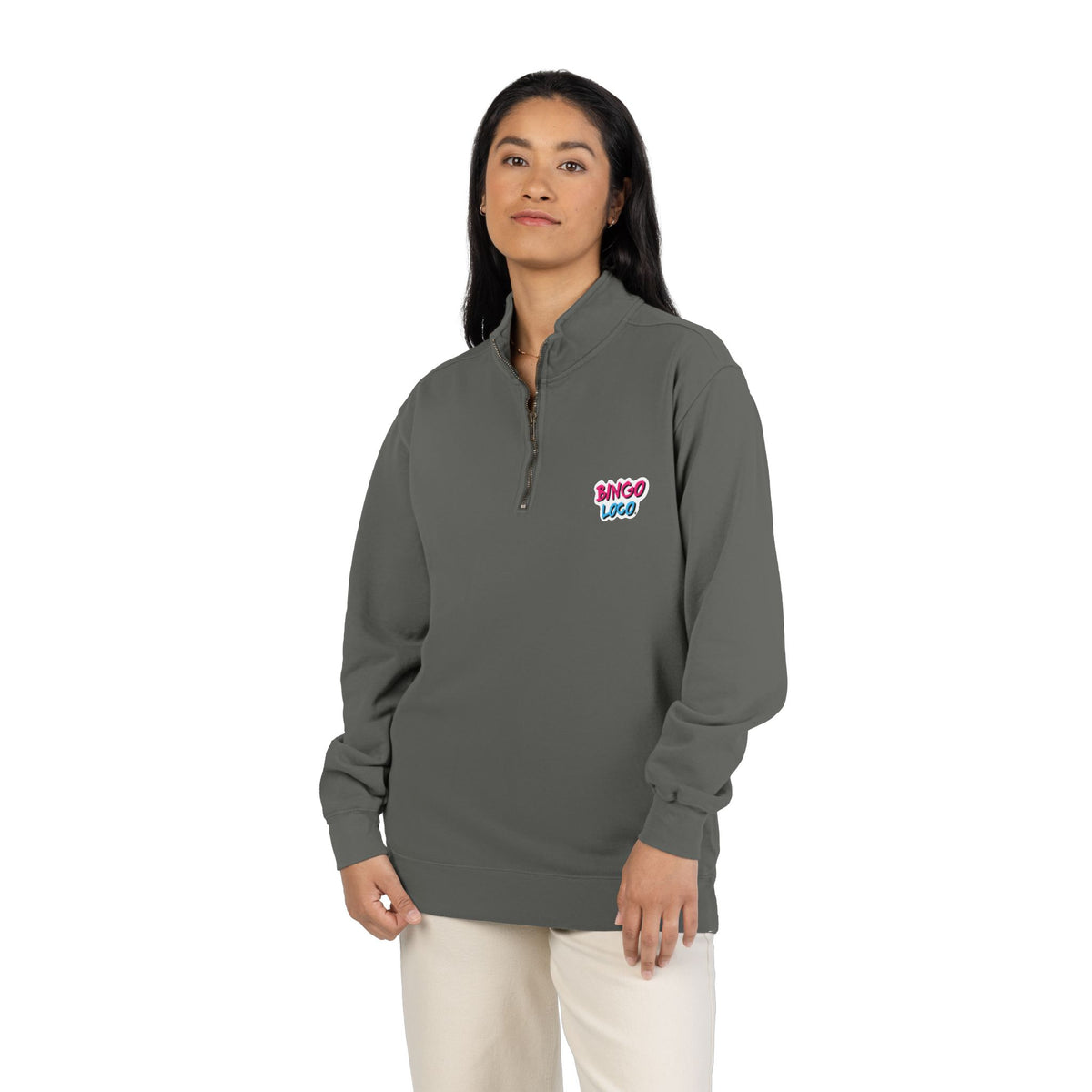 Quarter-Zip Sweatshirt — Retro 'Bingo Logo' Chest Graphic