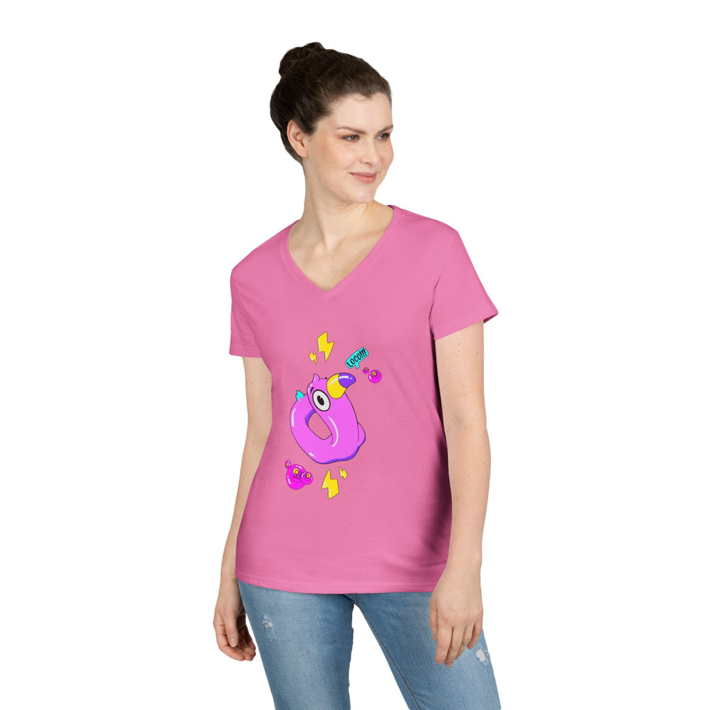Ladies' V-Neck T-Shirt — Cute Pink Donut Character Graphic Tee