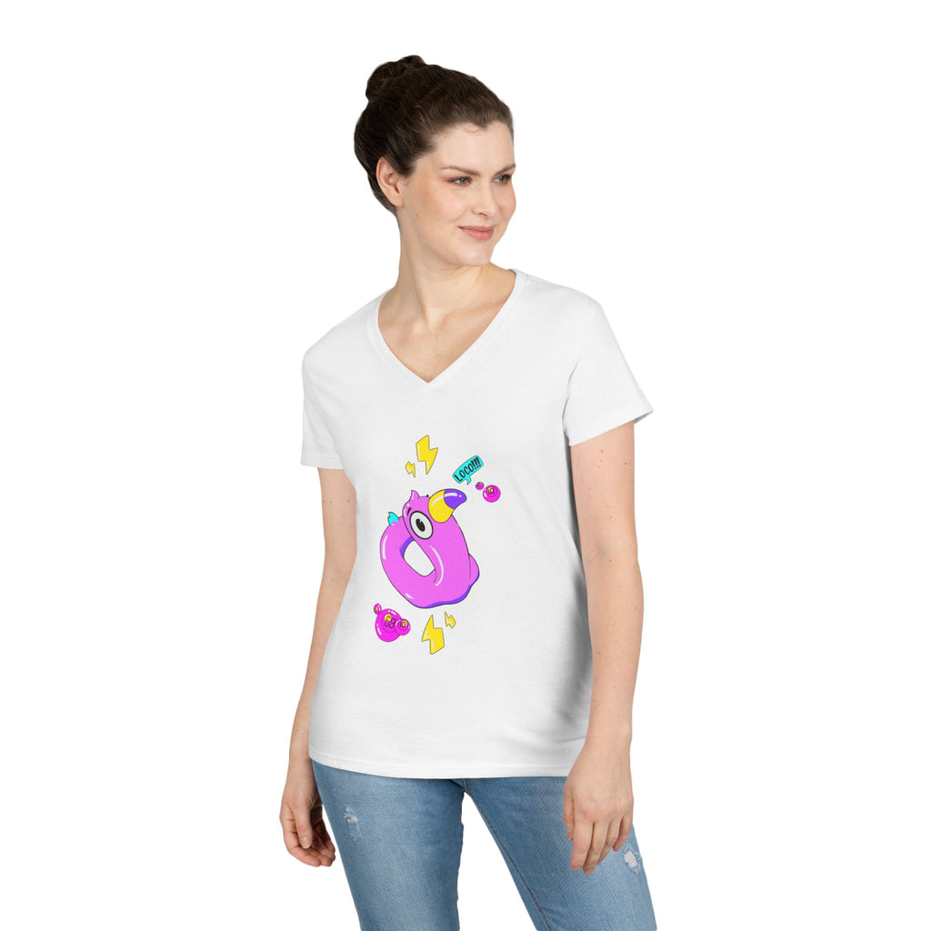 Ladies' V-Neck T-Shirt — Cute Pink Donut Character Graphic Tee