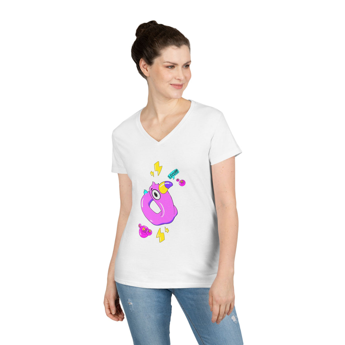 Ladies' V-Neck T-Shirt — Cute Pink Donut Character Graphic Tee