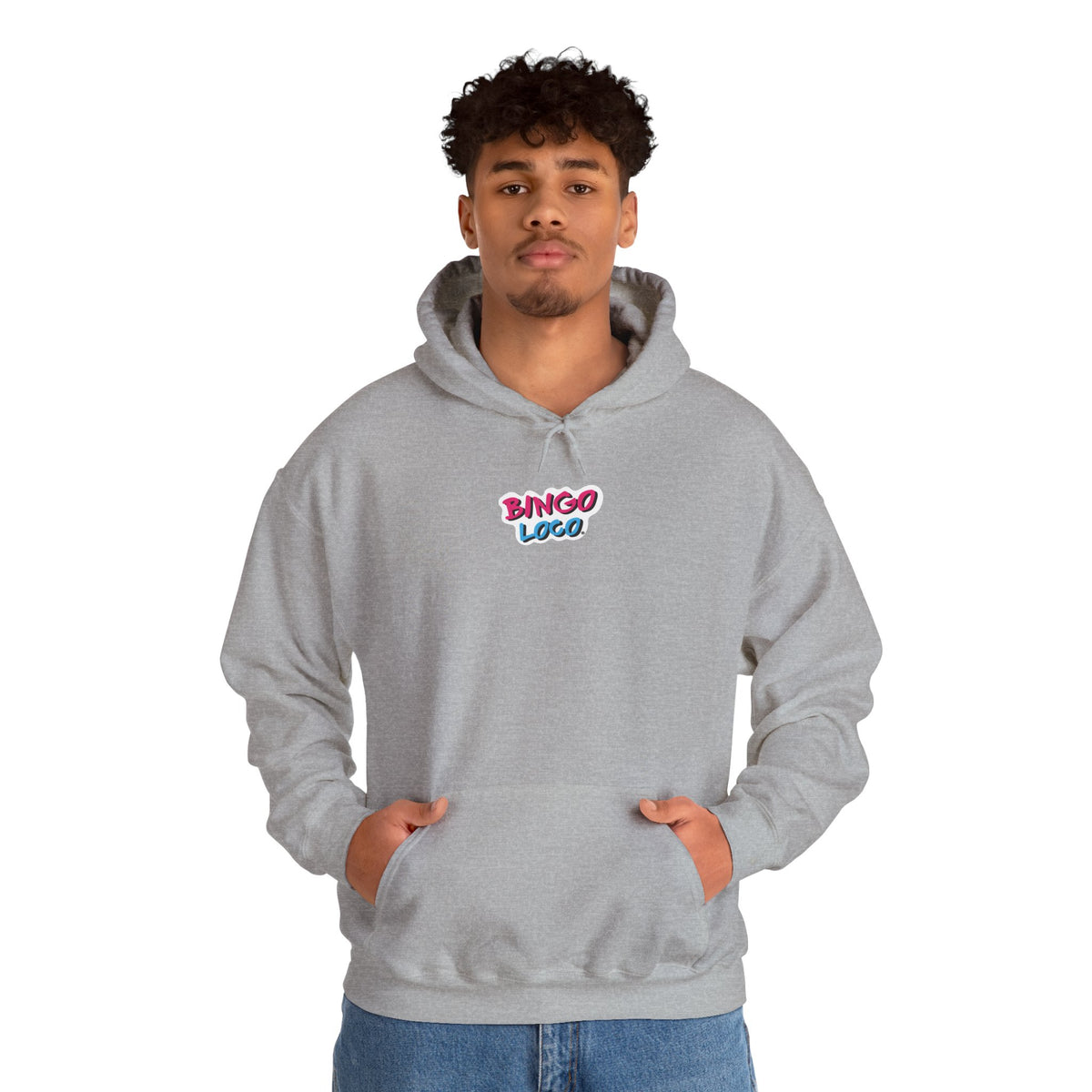 Bingo Logo Hoodie — Retro Pink & Blue Minimal Chest Graphic