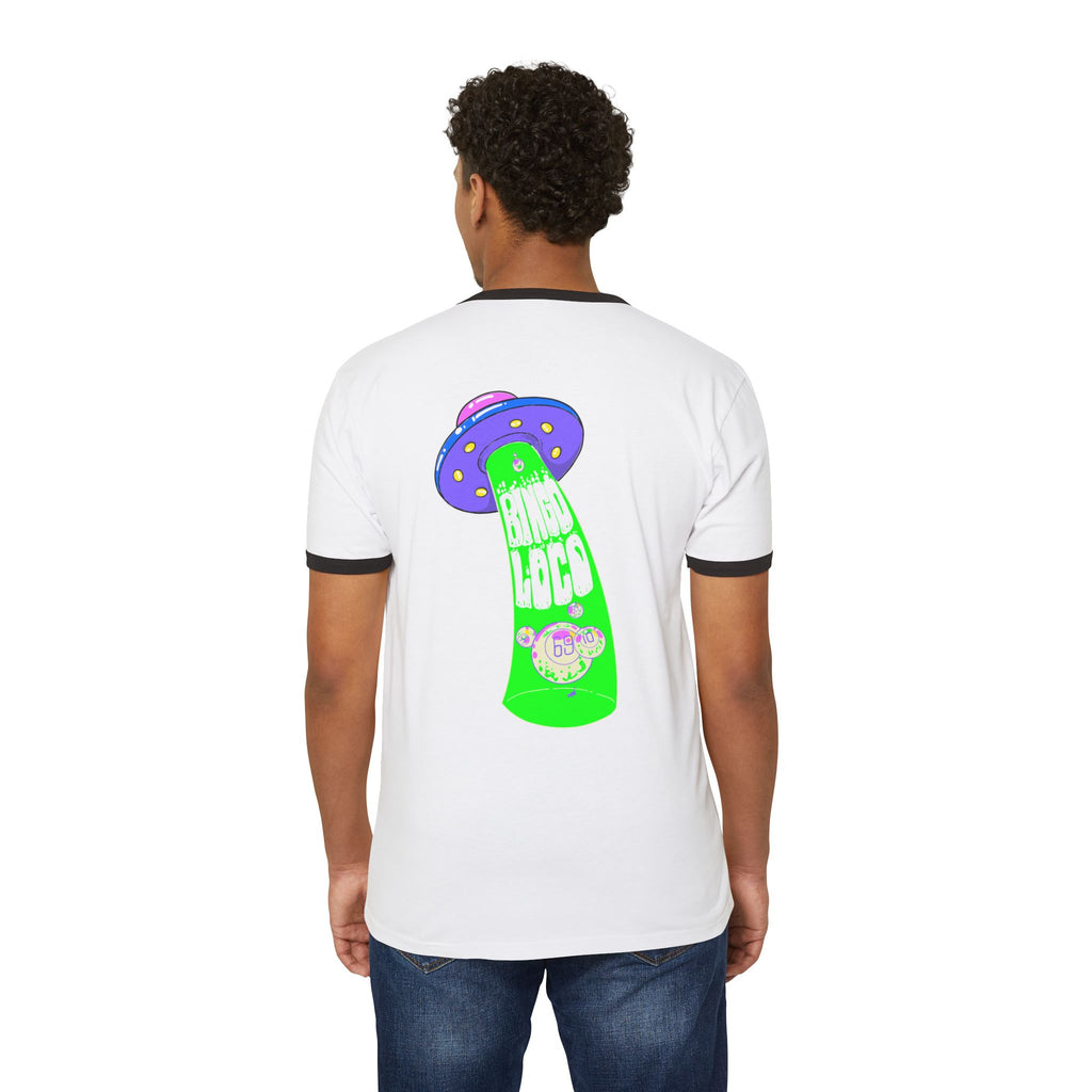 Alien Abduction Ringer Tee — Neon UFO "Stay Loco" Graphic Shirt