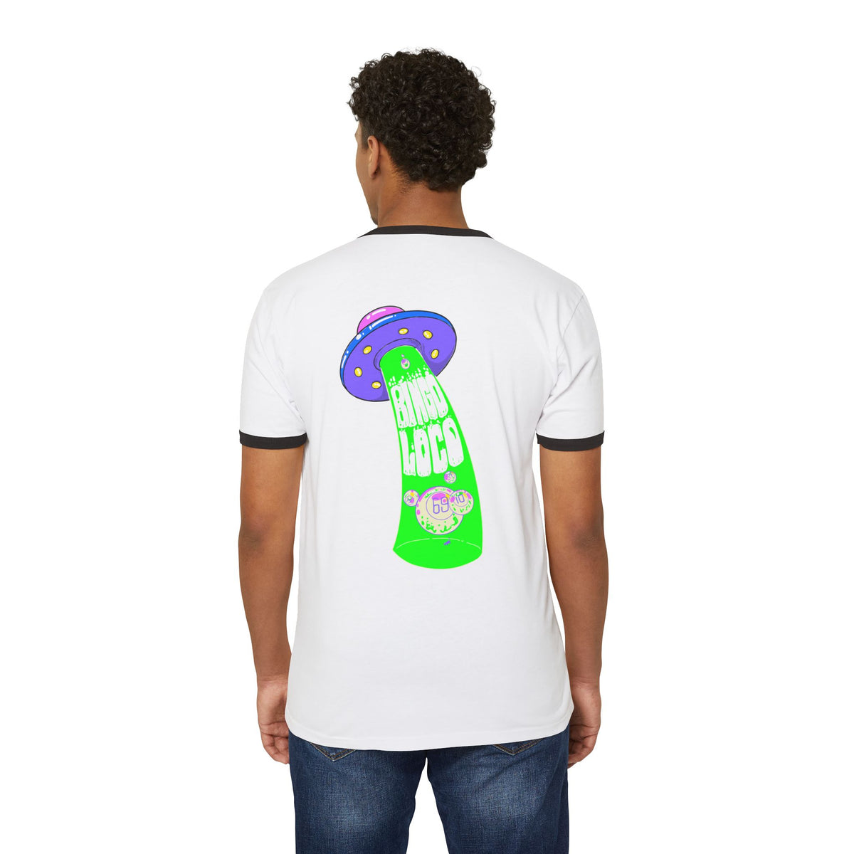 Alien Abduction Ringer Tee — Neon UFO "Stay Loco" Graphic Shirt