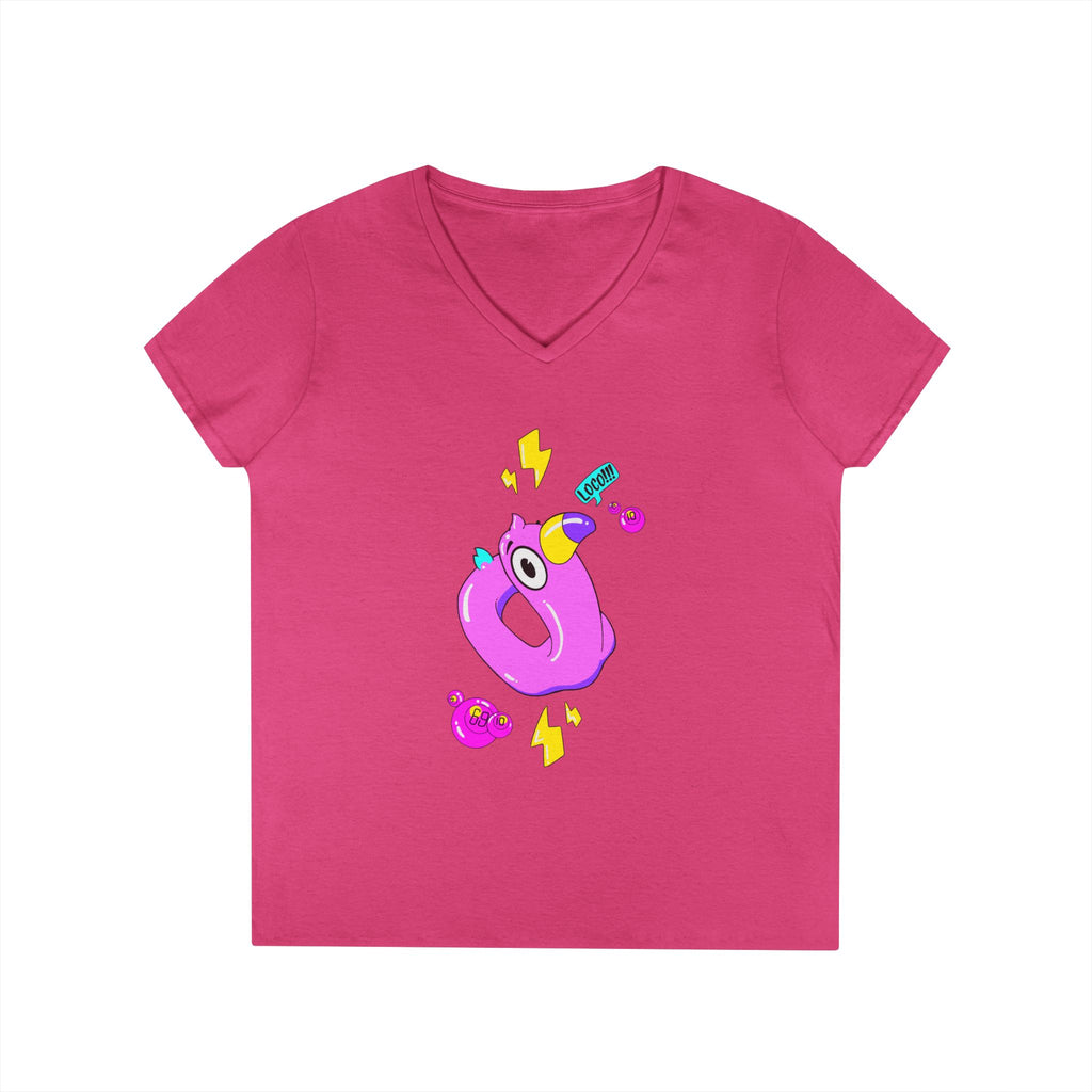 Ladies' V-Neck T-Shirt — Cute Pink Donut Character Graphic Tee