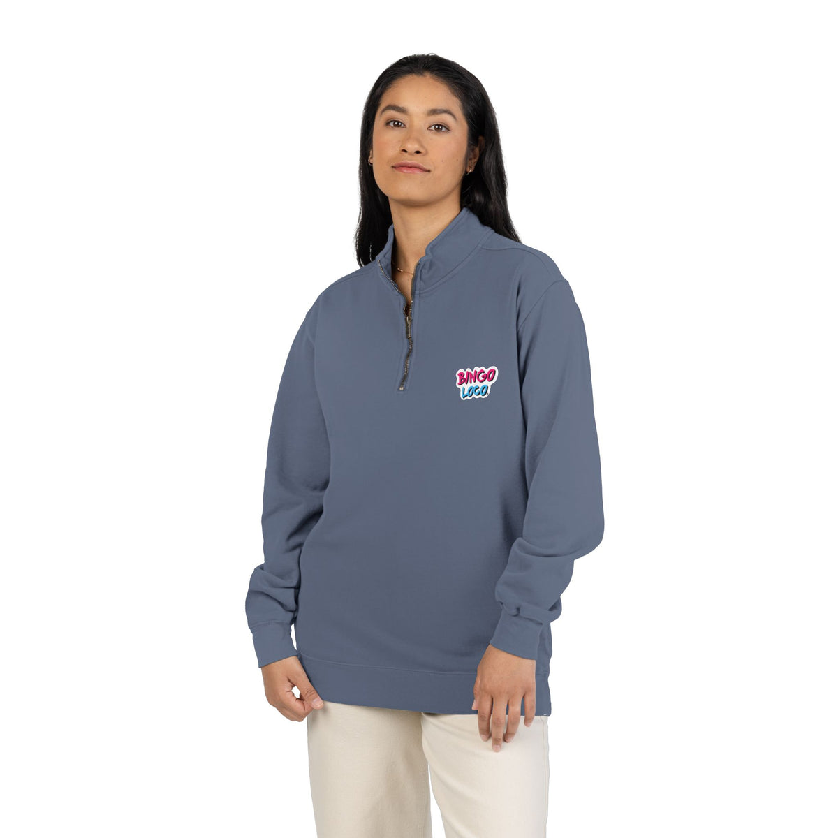 Quarter-Zip Sweatshirt — Retro 'Bingo Logo' Chest Graphic