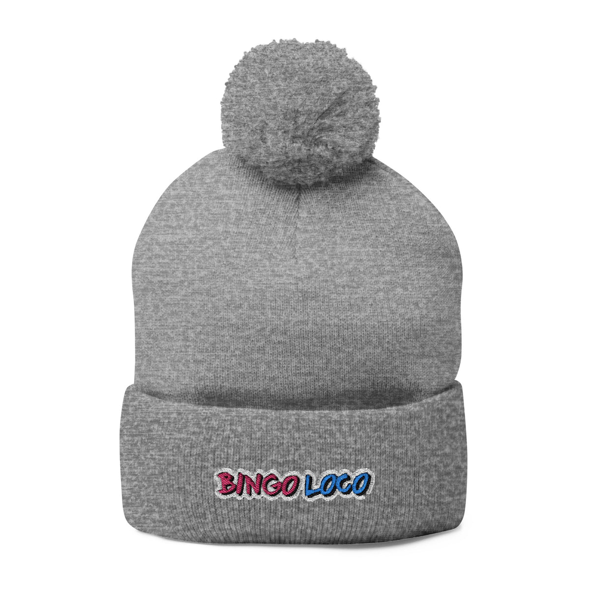 Embroidered Pom-Pom Knit Cap — Cozy Winter Beanie with Colorful 'Bingo Logo' Embroidery