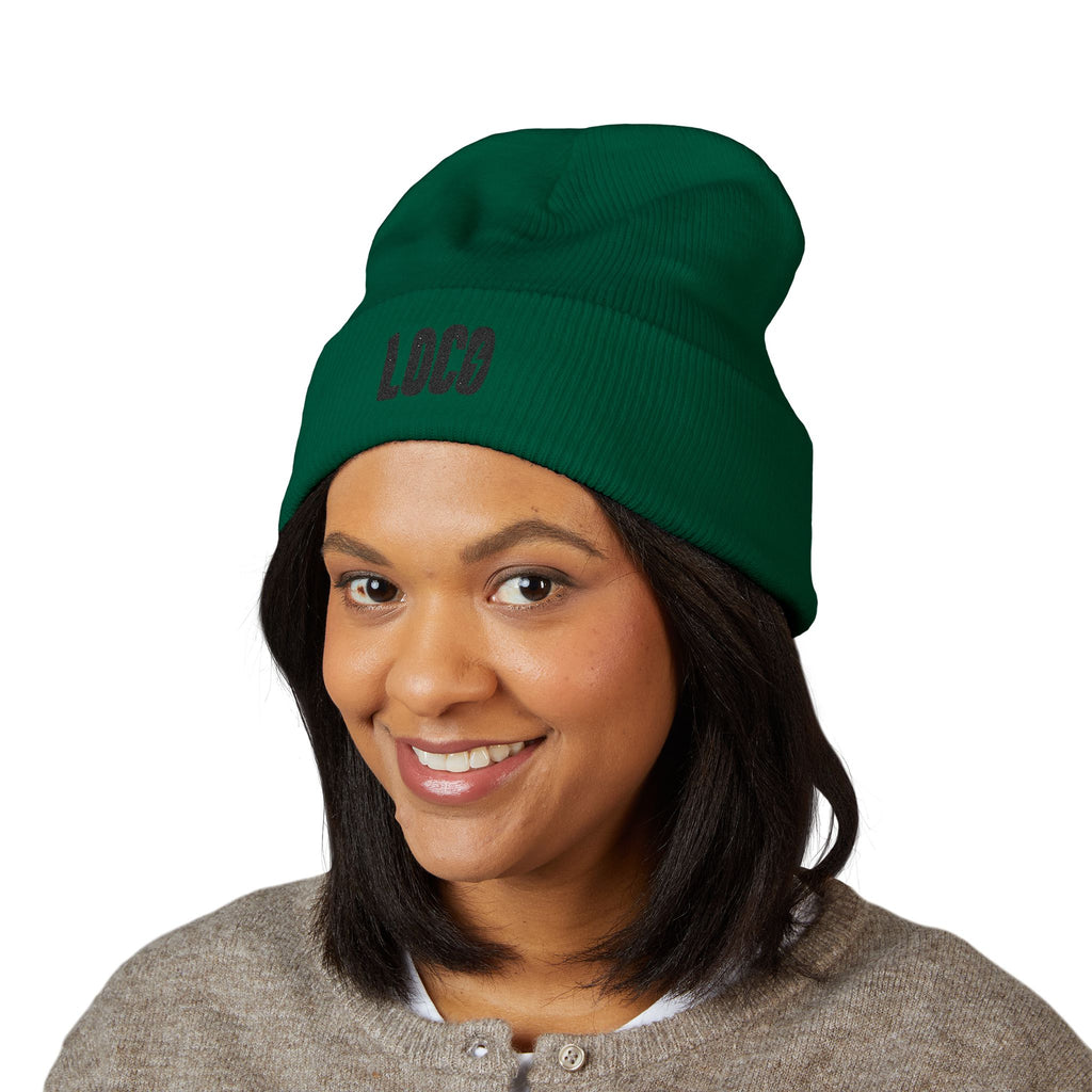 Embroidered 'LOCO' Cuffed Beanie — Classic Knit Winter Hat
