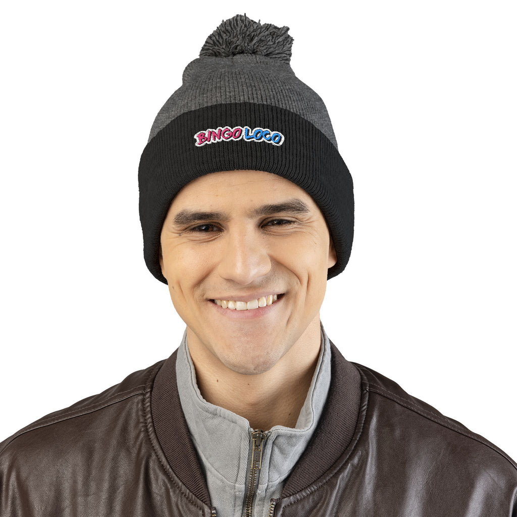 Embroidered Pom-Pom Knit Cap — Cozy Winter Beanie with Colorful 'Bingo Logo' Embroidery