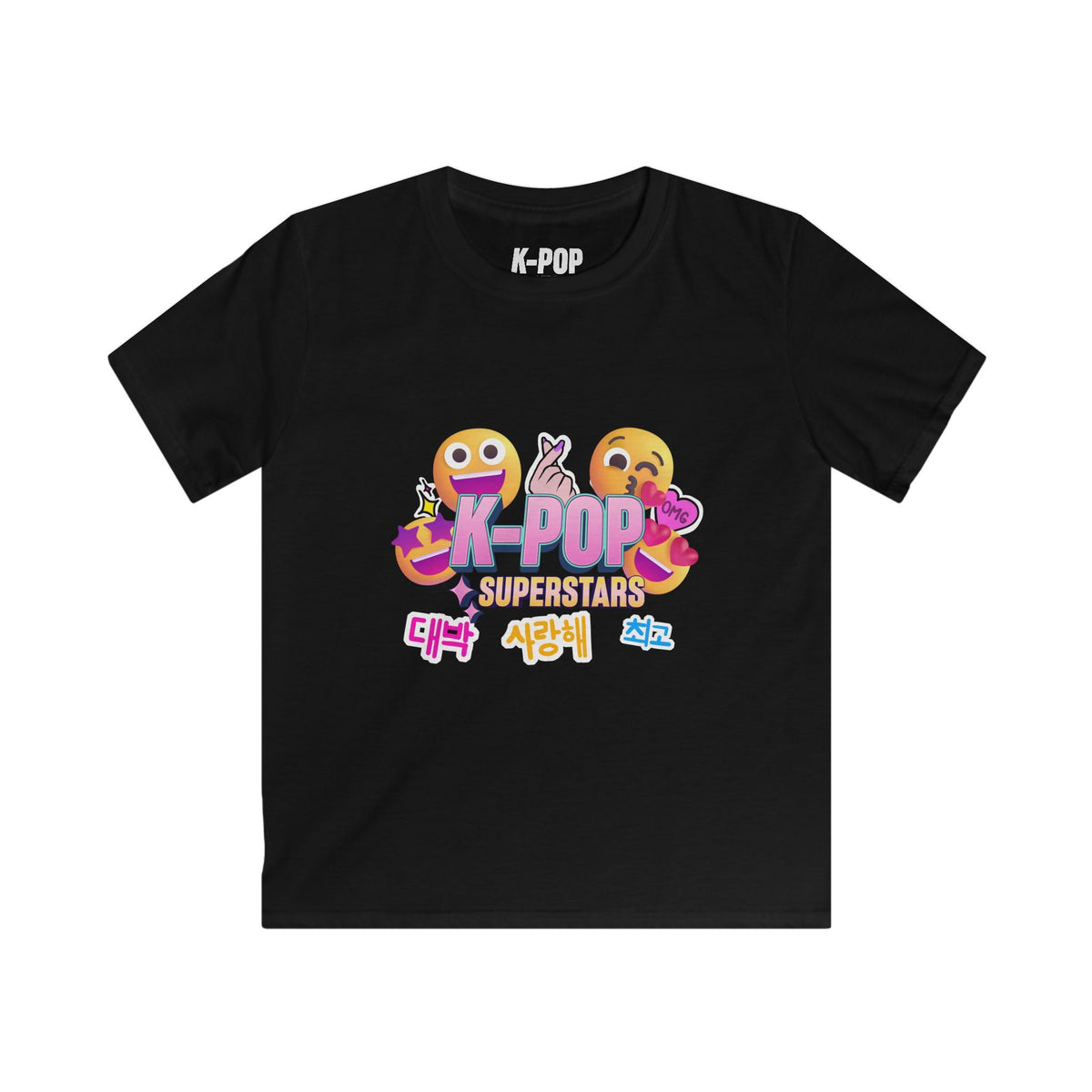 K-Pop Superstars Kids Tee — Cute Emoji & Hangul Graphic T-Shirt