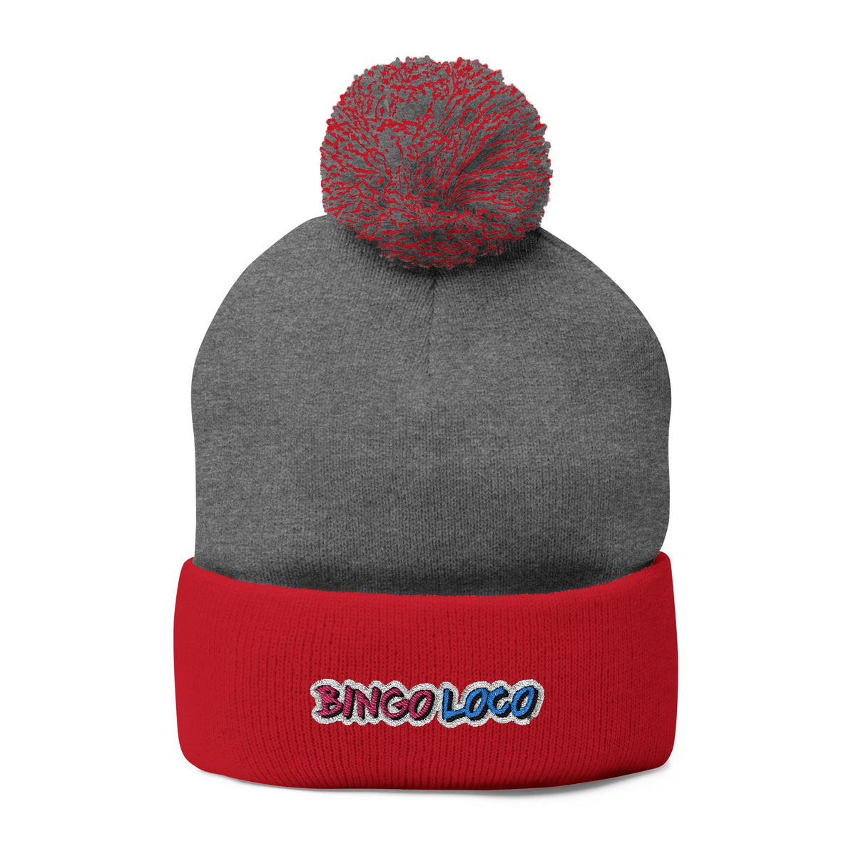 Embroidered Pom-Pom Knit Cap — Cozy Winter Beanie with Colorful 'Bingo Logo' Embroidery